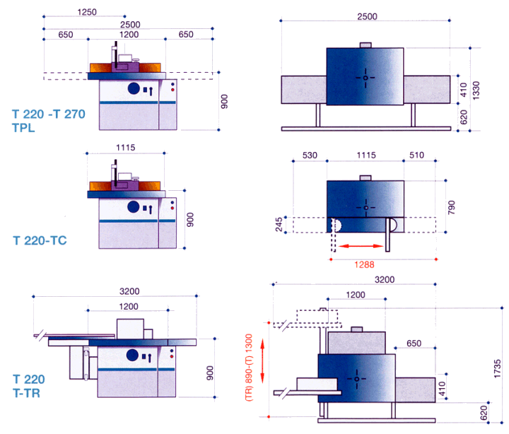 Фрезерные станки Т 220-270, габаритные размеры и ход кареток различных версий станков